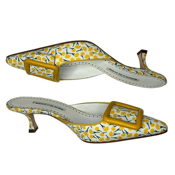 Manolo Blahnik Printed Buckle Mules Maysale EU 38 Floral Cotton Slip On Heels - Picture 4 of 10